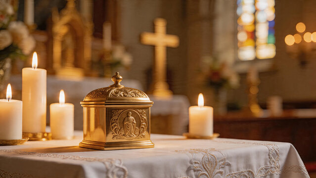 pyx. Golden pyx on church altar illuminated by warm candlelight, shallow depth of field. event programs, museum guides, designed for cultural heritage projects and event programs.