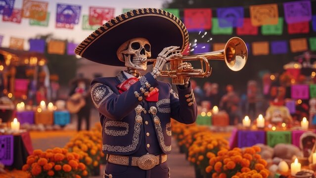 Skeleton mariachi musician playing trumpet at Day of the Dead celebration