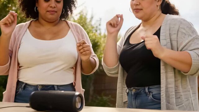 Dancing two women wearing cardigans and hoops, bobbing arms in backyard to portable speaker music