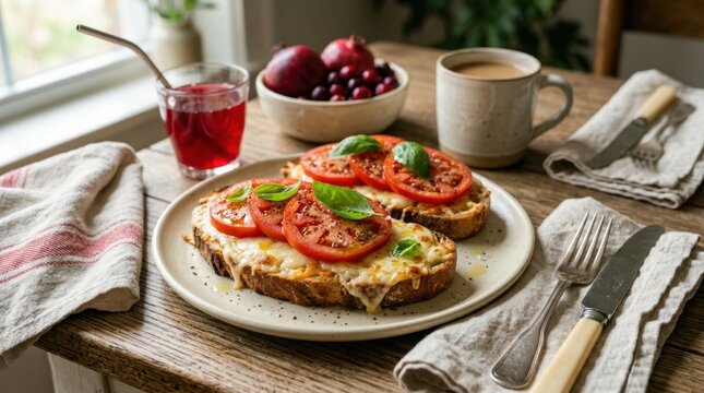 Delicious open-faced cheese and tomato sandwiches with fresh basil for breakfast