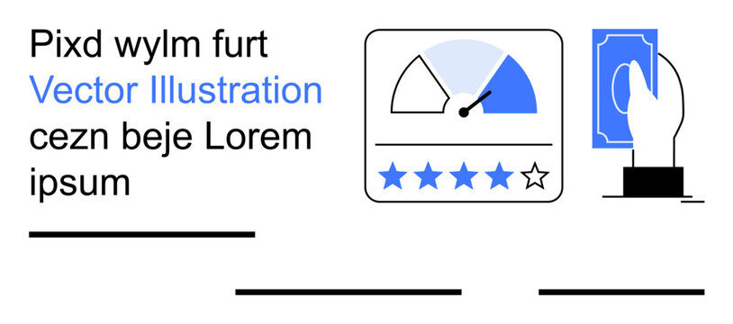 Customer feedback, online shopping, business evaluation, digital rating, user experience, payment process. A hand with cash, rating stars and a gauge. Customer feedback and online shopping theme