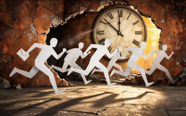 Fototapeta premium Paper cutouts of people race past a broken wall toward an old clock.