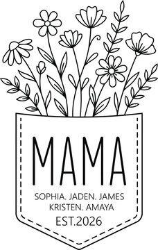 Mama Floral Pocket Design Custom Name Typography with Flowers