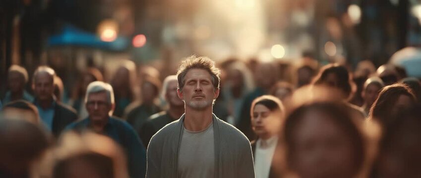 Calm mind in busy city. A young man stands still with eyes closed amid a bustling urban crowd