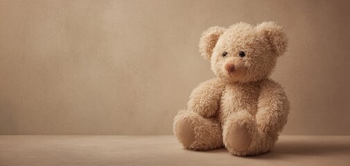 Fototapeta premium The Teddy Bear Sitting Alone on a Minimal Beige Background Evoking Childhood Comfort