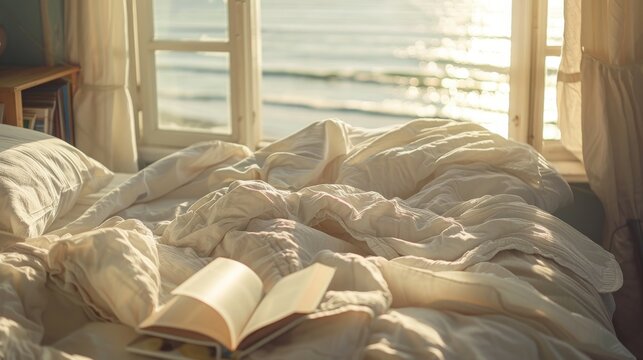 Close-up of messy linen bedsheets in a sunlit room, soft morning shadows, a book, window overlooking a calm ocean.