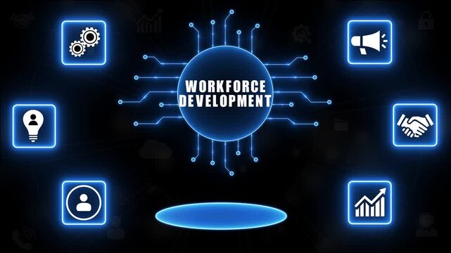 Workforce Development Concept with Connected Icons and Circuit Board Design training education.4k animation.