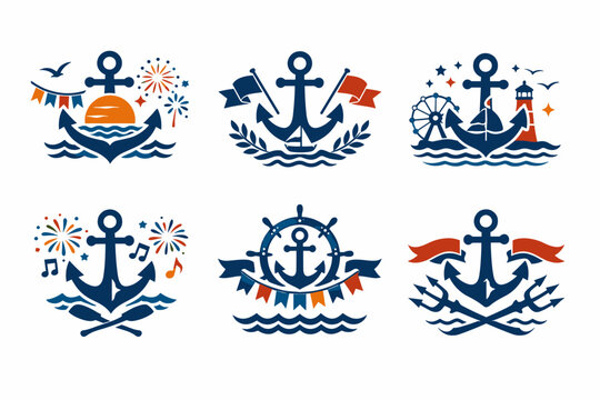 Harbor Festival Logo Collection with Nautical Anchors and Decorative Elements like Lighthouses, Sailboats, Fireworks, and Ship Wheels for Maritime Events and Sea Celebrations, Flat Vector Art