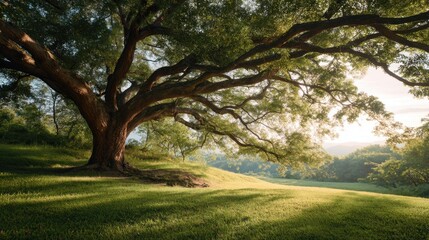 Naklejka premium Large old deciduous tree in a green grassy meadow at sunrise. Landscape scenic view of nature park with sunlight through branches. Peaceful environment for eco and outdoor concept.