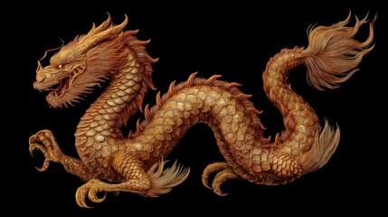 Fototapeta premium Golden dragon isolated on black background. Traditional Chinese mythical creature symbol. Artistic illustration of celestial beast for lunar New Year celebration and Asian culture design.