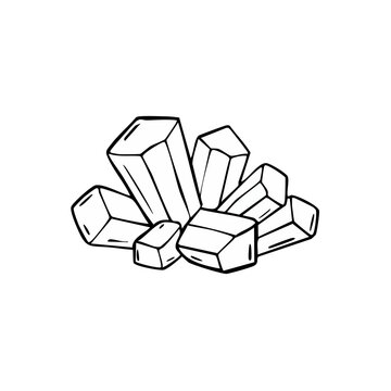 Group of geometric mineral crystals in a hand-drawn line art style illustration