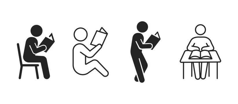 Set of Four Minimalist Stick Figure Icons Showing People Reading Books in Different Positions Including Sitting Standing and Studying at a Desk in Bold Black Line