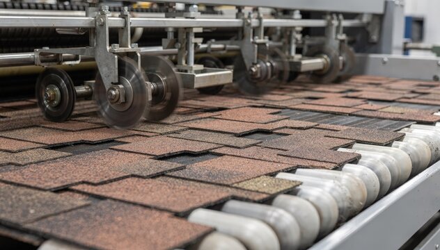 Detailed medium shot focused on rotary blades shaping staggered threetab shingles highlighting automated cutting techniques and consistent profile formation.