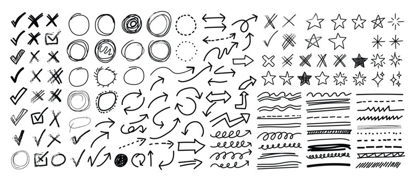 Comprehensive Set of Hand Drawn Doodle Elements Featuring Checkmarks Circles Arrows Stars Lines and Scribbles for Creative Annotation Design and Visual Planning Projects