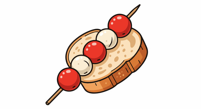 A cartoon illustration of a toast with cherry tomatoes and mozzarella balls on a skewer