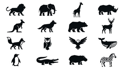 Obraz premium Collection of sixteen black minimalist animal silhouette icons including lion elephant giraffe and whale isolated on white, concept for logo design, branding identity and wildlife education