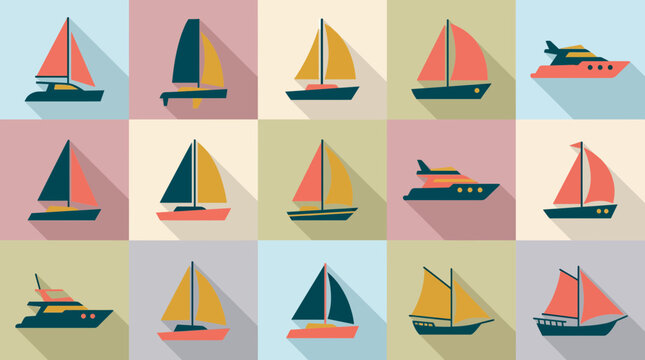 collection of various sailboat and luxury yacht flat icons with long shadows on colorful grid backgrounds, concept for travel app interface, nautical web design and maritime branding