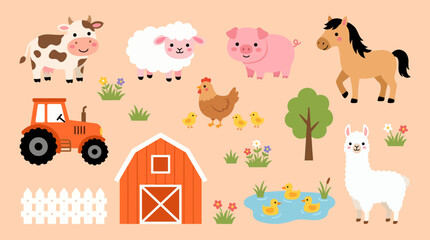 Fototapeta premium Adorable farm animal set featuring cow, sheep, pig, horse, llama, chicken and tractor with red barn in cartoon style, concept for educational posters, nursery decor and children book art