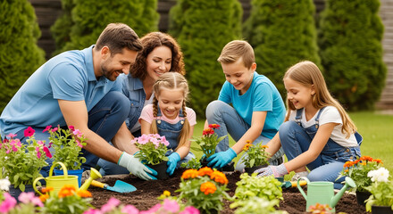 Fototapeta premium Smiling family spending quality time together in a vibrant home garden, parents and children collaborating to plant beautiful flowers on a bright sunny day