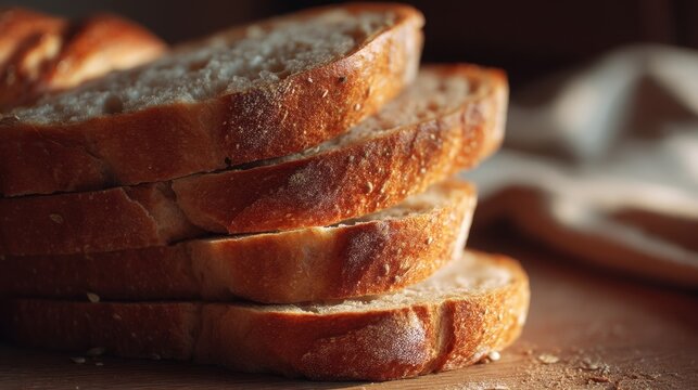 Sliced wheat bread loaf stack on wooden table. Fresh bakery product with golden crust. Healthy organic food and rustic kitchen atmosphere for breakfast or catering service concept.