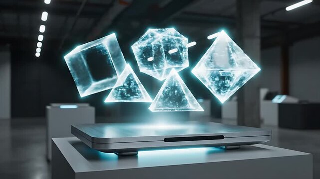 Abstract geometric shapes hologram displayed on illuminated platform