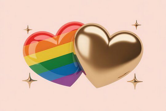 3D Rainbow Pride and Glossy Gold Hearts; Luxury Concept Art of LGBTQ Equality, Solidarity, and Inclusive Universal Love