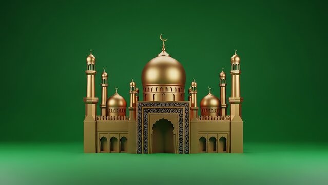 Golden Islamic mosque with minarets and domes, isolated against a green background, representing religious architecture and cultural heritage.