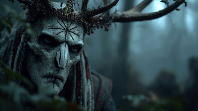 Dark spirit in the gloomy forest, creature with buck's antlers