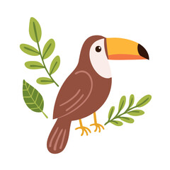Fototapeta premium Stylized toucan bird illustration with large colorful beak and tropical leaves