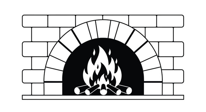 Simple black and white illustration of a brick fireplace with burning logs