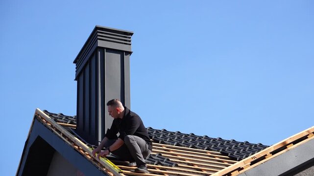 Working on the roof. A man on the roof with a level meter inspects the results of the work completed. A man on the roof with a level meter in his hands.