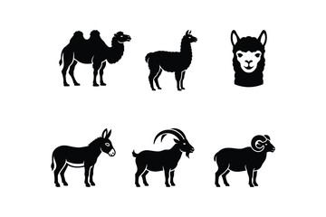 Farm and Desert Animal Silhouette Black Icons Set - Camel Llama Alpaca and Livestock Vector Icon Collection © Abdulla11