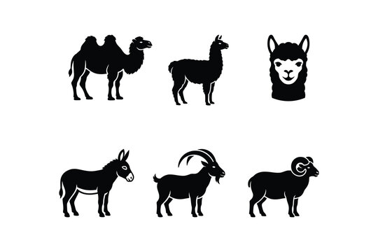 Farm and Desert Animal Silhouette Black Icons Set - Camel Llama Alpaca and Livestock Vector Icon Collection