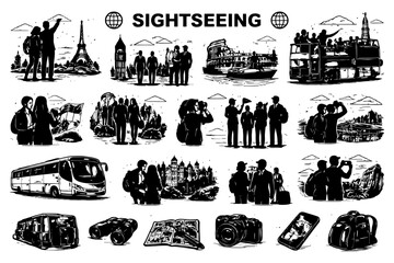 Fototapeta premium Black and white sightseeing illustrations of iconic landmarks and activities.