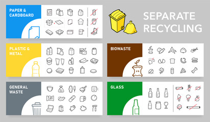 Obraz premium Ready sets of icons for separating and recycling trash. Vector elements are made with high contrast, well suited to different scales and on different media. Ready for use in your design. EPS10.