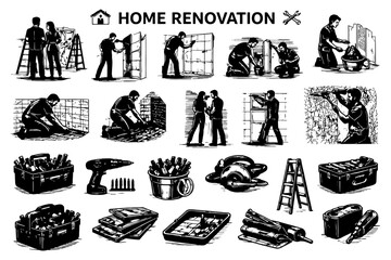 Fototapeta premium Home renovation tools and workers illustrations in black and white.