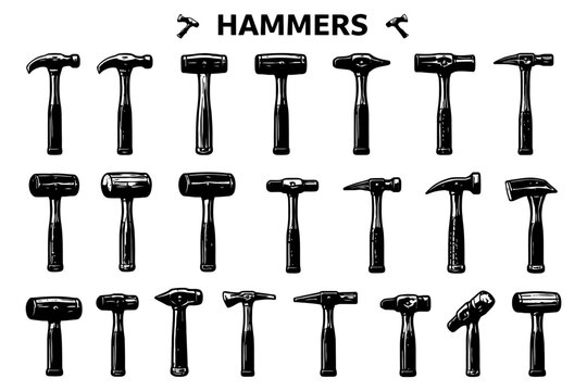 Illustrated collection of various hammer types in black and white.