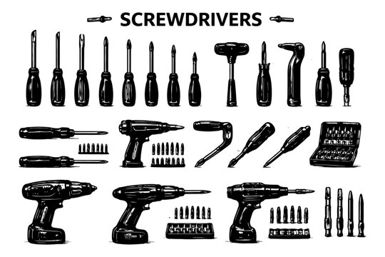 Collection of various screwdriver types and drill sets.