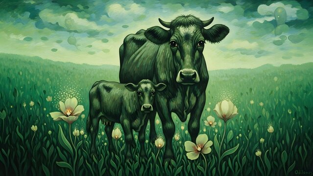 A mystical embrace of nature's emerald hues, featuring a protective mother cow and her serene calf amidst a glowing field of verdant foliage and ethereal blossoms under a painted sky