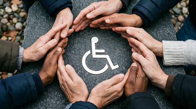 Hands of diverse people form a circle around a wheelchair symbol carved into a stone surface.