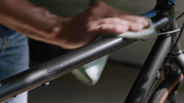 Noticing dirt, person's hands wiping carefully bicycle top tube in garage with pale cloth