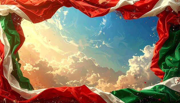 A vibrant composition featuring a frame of flowing, colorful fabric enclosing a breathtaking view of a cloudy sky at sunset