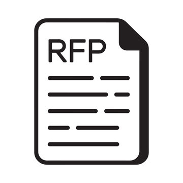A simple black and white icon depicting a document labeled rfp