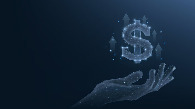 A digital hand holds a glowing dollar sign, representing financial growth and investment in today's technology-driven economy.