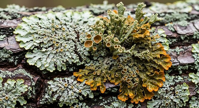 Close-up of lichen growing on tree bark surface.