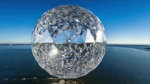 Large, faceted sphere appears to hover above water, reflecting light and the sky