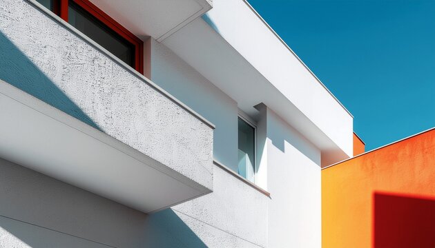 A modern building with white and orange walls features balconies under a clear blue sky
