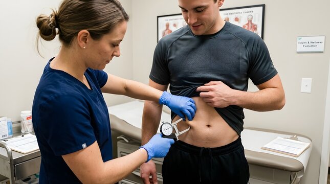 Nurse measuring body fat using caliper on male abdomen in clinic, fitness assessment body composition analysis, healthcare checkup weight management professional service