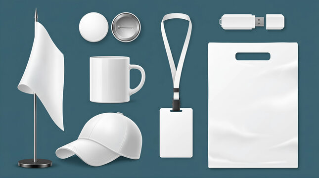 Collection of promotional merchandise and branding items including a flag, mug, cap, lanyard, badge, USB drive, and shopping bag