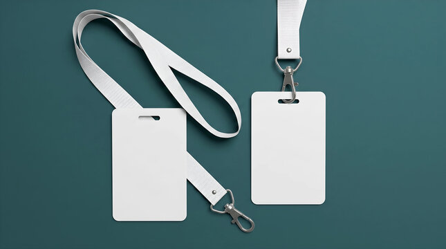 Two blank white event badges with lanyards against a dark teal background, perfect for identification or access passes